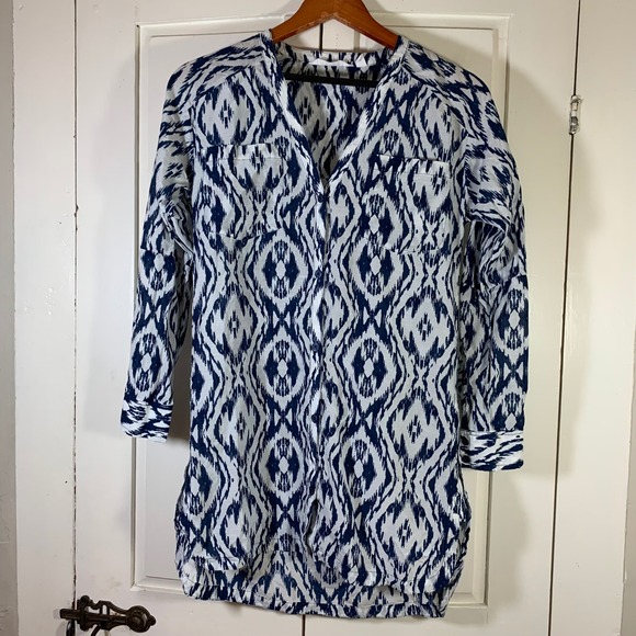 Athleta Dresses & Skirts - Athleta Ikat Print Tunic Top Women XXS Blue White Cotton Silk Shirt Dress Preppy
